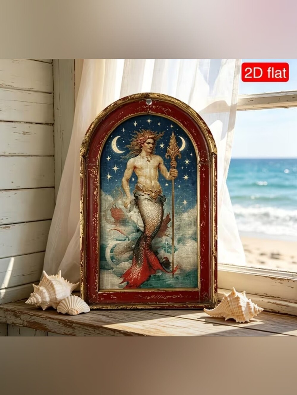 Vintage Inspired Red Framed Merman Wall Art - Nautical Home Decor